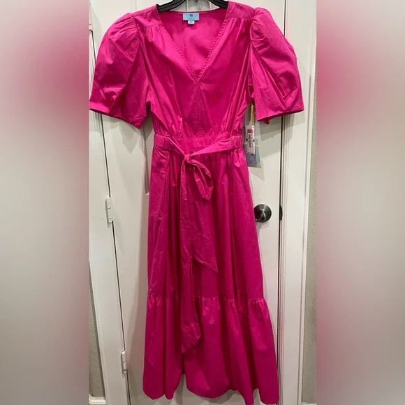 NWT CeCe Pink V-Neck Puff Sleeve Tiered Ruffled Maxi Dress Sz L - Picture 3 of 4